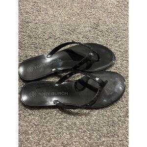 Tory Burch Women's Sz 10 Black Logo Flip Flop Sandal Rivets Jelly Spring Summer